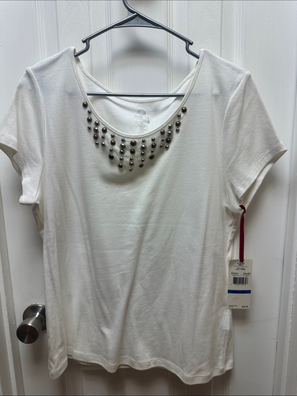 Women's White Scoop Neck Tee with Metallic Bead Accent